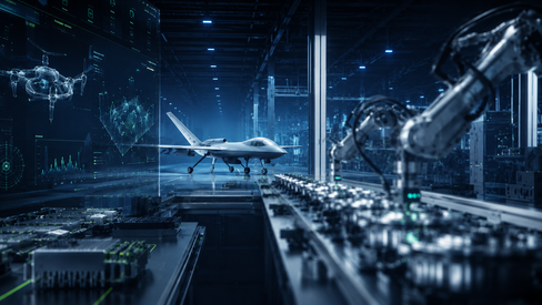 KI-generierte Darstellung eines unbemannten Fluggeräts in einer modernen, digitalisierten Produktionsumgebung der Verteidigungsindustrie. Keyvisual der European Defence Conference 2027