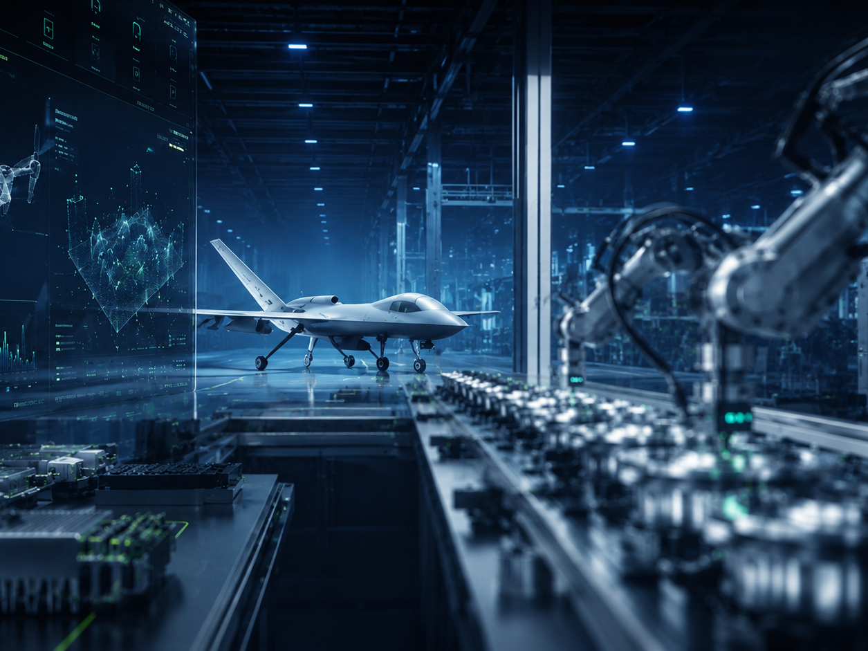 KI-generierte Darstellung eines unbemannten Fluggeräts in einer modernen, digitalisierten Produktionsumgebung der Verteidigungsindustrie. Keyvisual der European Defence Conference 2027