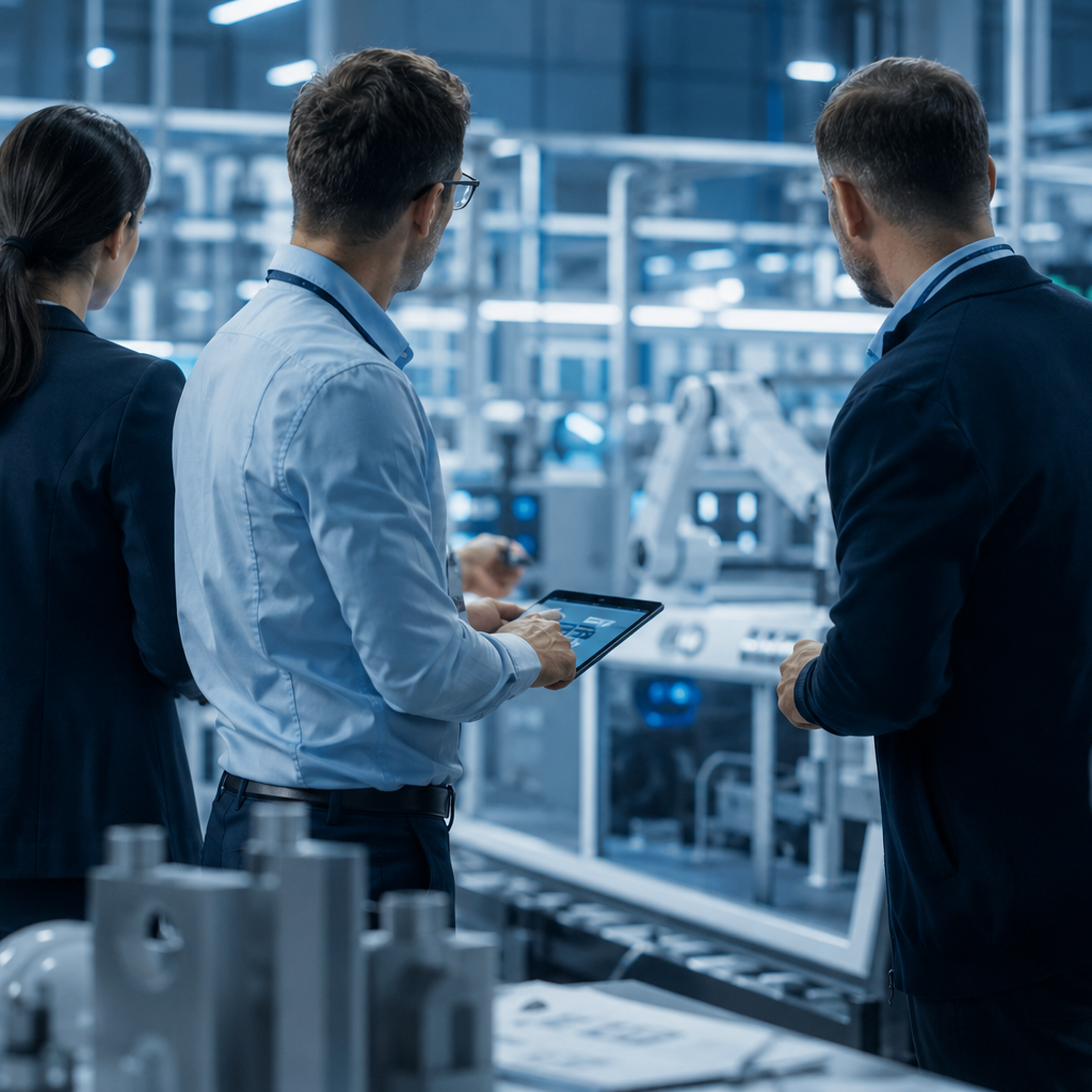 KI-generiertes Bild: Mehrere Fach- und Führungskräfte betrachten von hinten eine moderne automatisierte Produktionsanlage und analysieren Fertigungsprozesse an einem Tablet.